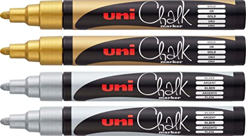 uni-ball - Fenster- & Kreidemarker UNI CHALK, 1,8-2,5 mm, Rundspitze (2x Silber + 2x Gold)