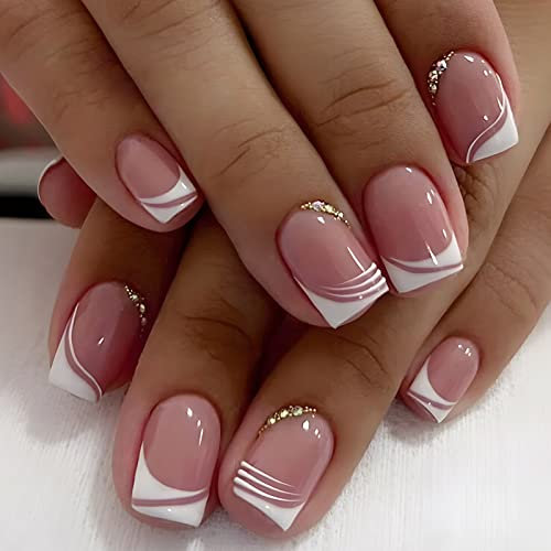 AKOFIC 24Pcs Short False Nails Coffin, French Ballerina Acrylic Press on Nails Designs, Pink White Full Cover Stick on Nails, Fake Nails with Jelly Glue for Women Girls Nail Art