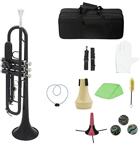 Trompeten Bb B Flache Trompete Messing mit Mundstück Tragetasche Stimmgerät Dämpfer Trompetenständer Handschuhe Reinigungswerkzeuge Blasinstrument Trompeteninstrument (Farbe: Schwarz)