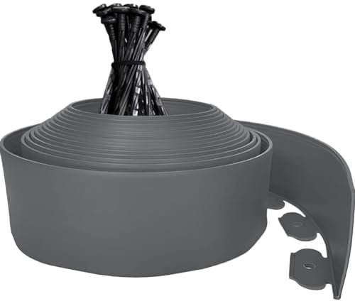 Bordo per giardino 10 m, altezza 10 cm, bordo flessibile per prato, in plastica, con 30 paletti, per giardini e prati, aiuole fai da te, vialetti, bordi in ghiaia, resistente alle intemperie, grigio