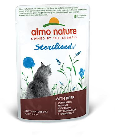 Almo Nature Functional - Sterilised - Nassfutter für Erwachsene und reife Katzen, sterilised oder wenig aktiv - mit Rind - niedriger Fettgehalt, feuchtigkeitsspendend - 70 g (Packung mit 30)