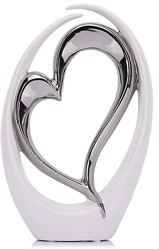 LCCCK Weiß und Silber Herz Statue Skulptur - Keramik-Herzdekoration für Wohnzimmer, Regal und Schreibtisch - Kleine Geschenke zur Hochzeit, Hochzeitstag Geschenk für Frau - Herz Deko für Liebeshütte