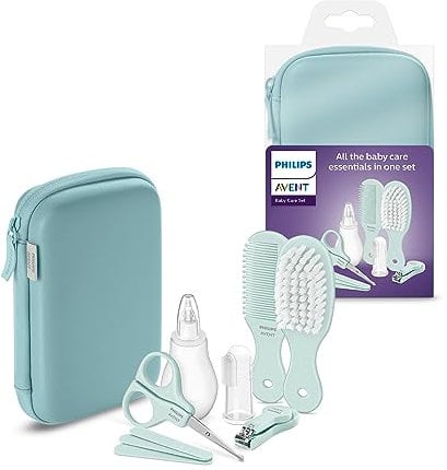 Philips Avent Baby Care Set: 9-teiliges Starter-Set für Babypflege - Nagelknipser, Schere, 3 Nagelfeilen, Kamm, Bürste, Nasensauger und Fingerhut (Modell SCH401/00)
