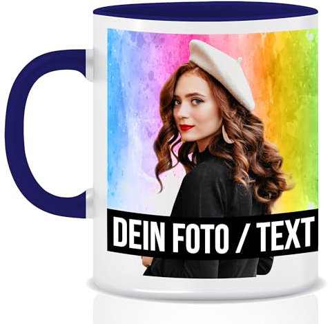 Fototasse selbst gestalten, Keramik - Personalisierte Tasse mit Foto und Text personalisiert mit eigenem Foto Motivtasse Geschenktasse Firmentasse, Dunkelblau