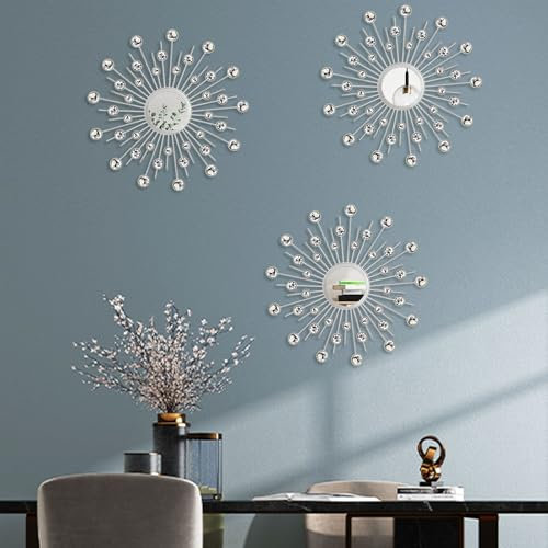 Uaussi Kristall-Sonnenspiegel, Dekoration, Strass-Spiegel, dekorative Wandkunst für Wohnzimmer, Schlafzimmer, Eingangsbereich, 3 Stück (Kristalle, Silber)