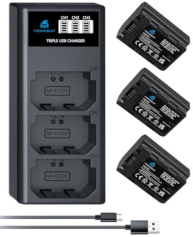 Homesuit NP-FZ100 Akku 2500mAh und LCD Ladegerät für Sony ZV-E1, FX3, FX30, A7RIII/V/IV, A7SIII/A7III/IV, A7C, Sony A6600/A6700, Sony Alpha A1/9/A9II/A9III/9R/A9R/9S Kameras (3er-Pack)