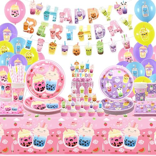 Obussgar Milch Tee Birthday Decorations - Bubble Tea Party Supplies Include Banner, Cake Topper, Plates, Cups, Napkins, Balloons, Tablecloth for Bubble Milk Tea Party - Serves 20