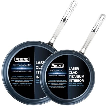 Viking 4-Ply Frying Pans, 2-Piece Laser Clad Titanium Performance Ti, 9.5 and 11 Inch, Blue/Silver
