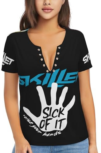 Śkillet%Rock Band Women's V-Neck T-Shirts Valueweight Casual Basic Going Out tee Tops Slim Fit Short Sleeve Crew Neck T Shirts for Running Yoga,Small