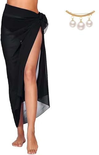 ZOCONE Women's Black Beach Wrap Sarong Skirt 110x145cm with Faux Pearl Brooch Pins, Women's Regular Size Beachwear Sarong Coverups for Summer Holiday
