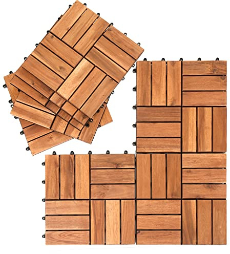Jiubiaz Holzfliesen Akazienholz,30 x 30 cm, 1 m² Bodenfliesen wetterfest terrassenfliesen leicht verlegbar terassenboden außen (12 Latten | 11er Set)