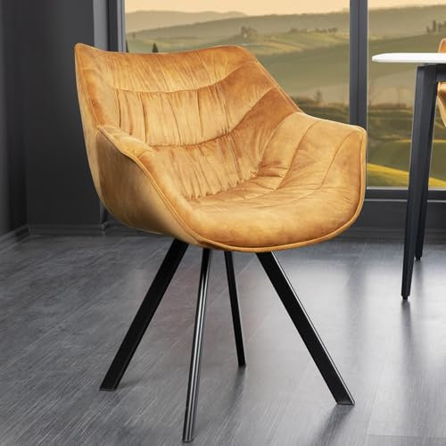 Riess Ambiente Design Stuhl The Dutch Comfort senfgelb Samt mit Armlehne gepolstert Schwarze Metallbeine Esstischstuhl Esszimmerstuhl Küchenstuhl Samtstuhl