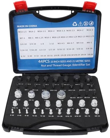 Gewindeprüfer für Muttern und Schrauben, 44 Stück, 23 Zoll und 21 Metrisch, Praktische Schraubengrößen- und Gewindelehre mit Etui, Gewindeprüfbox für Muttern und Schraubengrößen