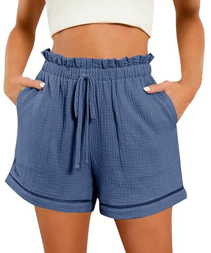 Keepink Sommer-Shorts für Damen, leger, Kordelzug, einfarbig, hohe Taille, Taschen, locker, elastisch, gerade, bequeme Plissee-Hose zum Ausgehen, 06 Dunkelblau, XX-Large