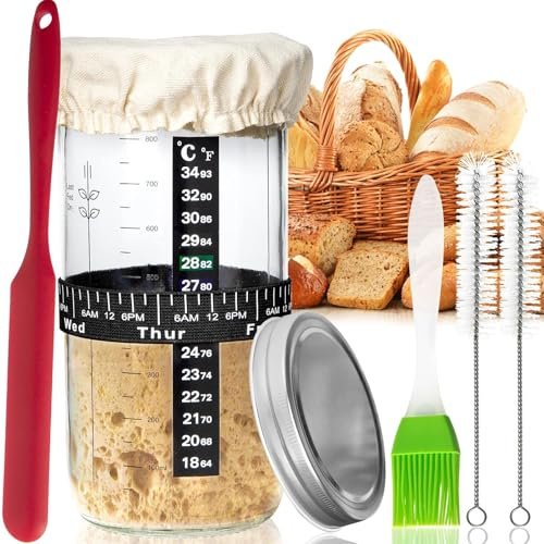 Saurdough Brot Starter Glas Kit 1000ml große Kapazität Glas mit Datum markiert Fütterungsband, Thermometer, Tuch Abdeckung & Metalldeckel, wiederverwendbare Saurdough Brot Zuhause Backzubehör
