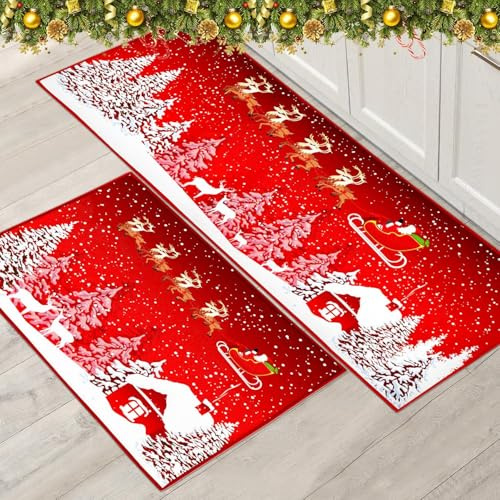 PORJDN Weihnachtsteppich Set Weihnachten Innenboden Roter Teppich, Xmas Türmatte Läufer Teppichmatte für Küche Heimdekor Waschbare Läufer. (Style A, 43x150+43x75cm)