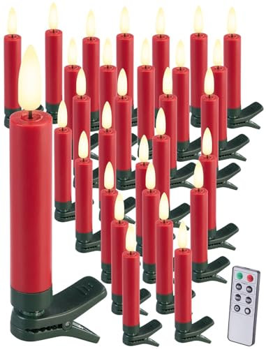 Lunartec Baum-Kerze: 30er-Set LED-Weihnachtsbaumkerzen mit Dochten und Flammen-Effekt, rot (Christbaumkerzen, Weihnachtsbaumbeleuchtung, Weihnachtsbaum)