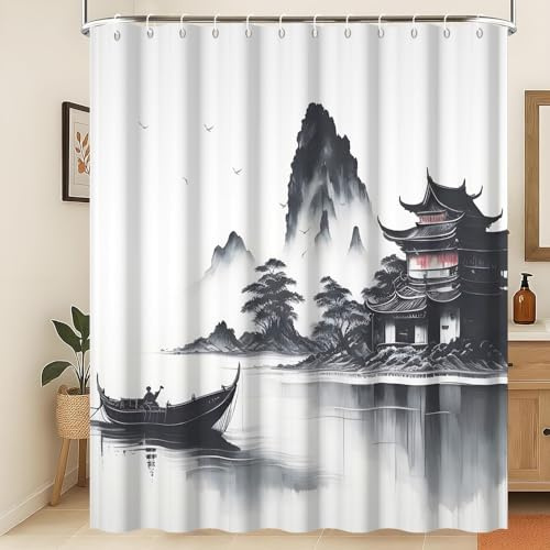 Xiaoterna Rideau de Douche à Peinture Japonaise Traditionnelle Rideau de Douche Peinture Asiatique à l'encre d'un bâtiment Japonais Montagne brumeuse Oie Sauvage Rideau de Salle de Bain 240x180cm