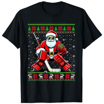 Santa Hockey Goalie Ugly Christmas Sweater Eishockey T-Shirt