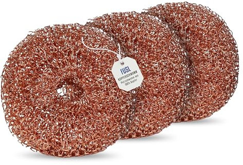 FUSL Kupferschwamm kratzfrei 3 Stück - Antibakterieller Putzschwamm für kratzfreie Reinigung - für Edelstahl, Keramik, Glas, Ceran & mehr - langlebig und hygienisch - universell für Küche und Grill