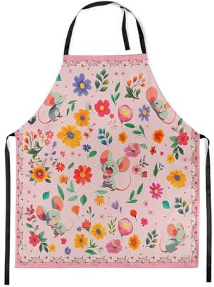 Homewish Cartoon Mouse Apron 78x66cm, Flowers Kawaii Animals Chef Apron For Cooking Kitchen, Wildlife Printed Kids Adults Waterproof Cafe Kitchen Apron, Blue Pink Plants Adjustable Cooking Apron