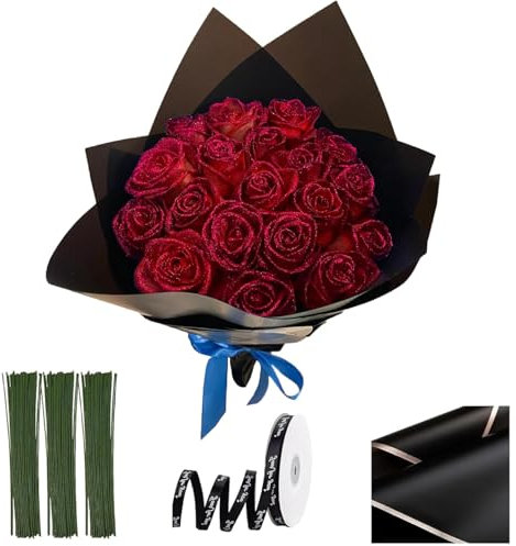 20pcs Bouquet de roses scintillants, 9,5 pouces Bouquet de fleurs brillantes brillantes, fausses roses bricolage avec tige, rubans d'emballage et papier d'emballage pour l'anniversaire, engageme