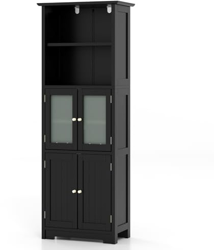 GOPLUS Badezimmerschrank mit Ablagen & Schänke, Hochschrank mit Glastüren & verstellbaren Regalen, Badkommode Aufbewahrungsschrank für Wohnzimmer, Bad & Küche (Schwarz)