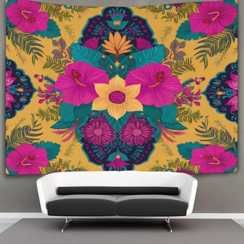 kaiyun Indische Blumen Wandbehang Tapisserie,Wandteppich Goa Nahtloses Muster Wanddeko Für Schlafzimmer Wohnzimmer Wohnheim 70cmx100cm
