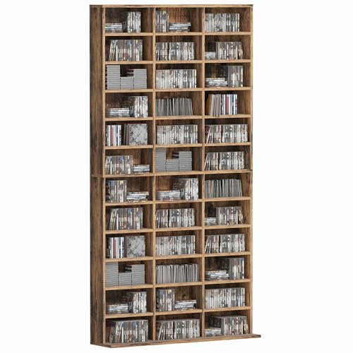 HOMCOM 1116 CD/ 528 DVD Storage Unit, Media Storage Shelf, Wooden Display Unit with Adjustable Shelves, 102 x 195 cm, Rustic Brown