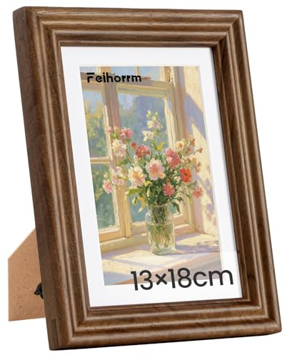 Feihorrm Vintage Bilderrahmen, Walnuss Massivholz Fotorahmen, Mit gehärtetem Glas, Für 13x18 cm-Fotos ohne Passepartout oder 9x14 cm-Fotos mit Passepartout (Dunkel Braun, 13x18 cm)