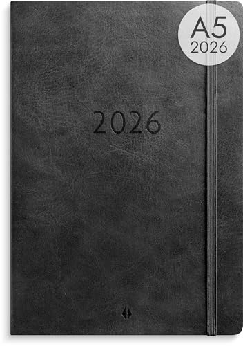 Burde A5 Forma Deluxe Schwarz – Kalender 2026/2027, Wochenplaner aus Kunstleder, Terminplaner & Kalender A5 für Lehrer, Studenten & Profis