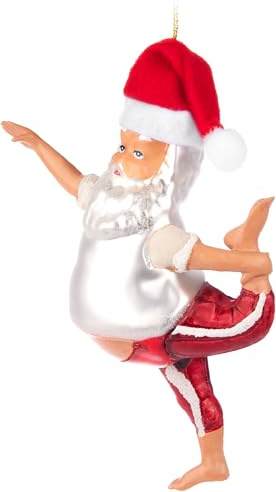 BRUBAKER Weihnachtsmann mit Bierbauch Weihnachtskugel aus Glas - Handbemalt und Mundgeblasen - Yoga Santa Christbaumschmuck Lustig - Christbaumkugel Figuren Weihnachtsdeko Anhänger - Deko Baumkugel