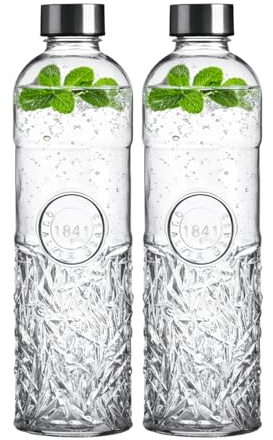2er-Set Wasserflasche, Trinkflasche, Glasflasche für 1 Liter – rautenmuster | transparente Karaffe – Retro & Vintage-Stil – luftdichter Schraubverschluss, auslaufsicher – Umweltfreundlich – Seaside No.64