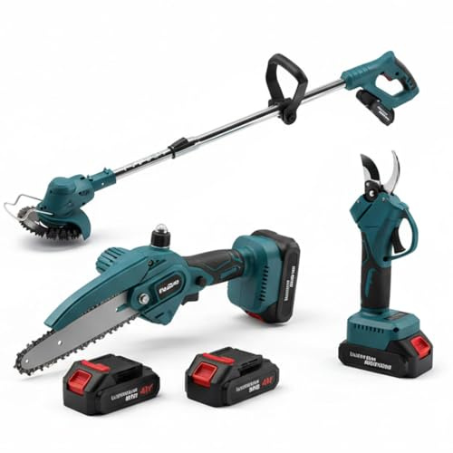 K2 STORE Kit Giardinaggio a Batteria 3 in 1 48V con 2 Batterie, Forbici Elettriche da Potatura, Mini Motosega 6” e Decespugliatore Tagliabordi