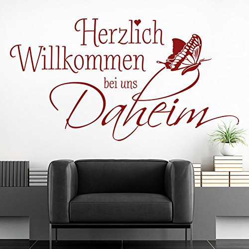 KLEBEHELD® Wandtattoo Herzlich Willkommen bei uns daheim mit Schmetterling - Spruch Flur Eingang Treppenhaus Farbe schwarz, Größe 80x43cm
