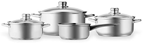 LEVELONE Topfset 4-teilig Induktion Edelstahl poliert induktionsgeeignet Kochtopfset mit Glasdeckel und Kasserolle unbeschichtet in verschiedene Größen leicht abzugießen mit Innenskala
