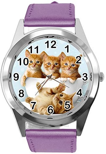 TAPORT® Quarzuhr mit Kätzchen-Motiv, violettes Lederband, violett, Armband