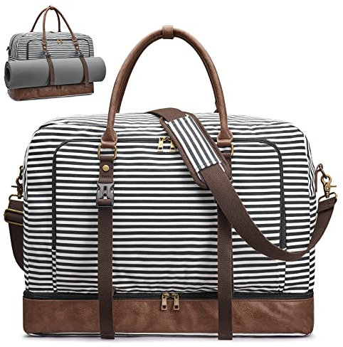 S-ZONE Uniex 50L Weekender Reisetasche Canvas Tasche Übergröße Carryon Duffel Bag Sporttasche Übernachtung Travel Bag mit PU-Lederband und Schuhfach
