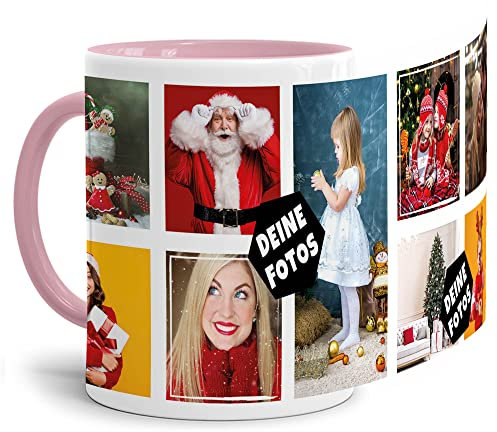 Foto-Tasse zum selbst gestalten mit Foto-Collage für 9 Wunschfotos - Geschenk für Familie, Freunde, Geburtstag, Weihnachten - Keramik Innen & Henkel Rosa, 300 ml I Personalisiert