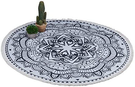 Relaxdays Teppich rund, Boho-Teppich im Mandala-Design, Ø 120 cm, Baumwollteppich mit Fransen, rutschfest, Creme/schwarz