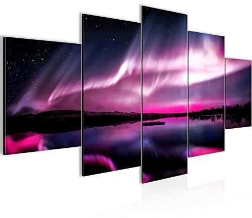 Runa Art - Bilder Nordlichter Nachthimmel 200 x 100 cm 5 Teilig XXL Wanddekoration Design Violett Lila 041951c