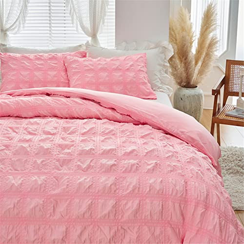 Odot Seersucker Bettbezug, Erwachsene Teenager Kinder Bettwäsche Set mit Bettbezug & Kissenbezüge, Mikrofaser Bettbezug Set für Einzelbett Doppelbett (135x200cm-2 Teilig,Rosa)