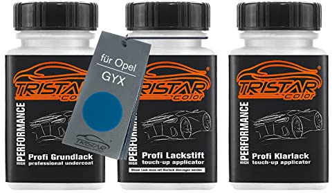 TRISTARcolor Autolack Lackstifte für Opel GYX Vertigo Blau Metallic +1K | Set aus Grundlack + Basislack + Klarlack, Lackfläschchen mit Pinsel, je 50ml