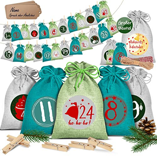 KESSER® Adventskalender zum Befüllen 24 Jutebeutel 14 x 10 cm Gedruckte Stoffbeutel Kinder Weihnachtskalender zum Selber Befüllen Inkl.. 24x Schildchen + 1 Großer Aufbewahrungsbeutel Stoff