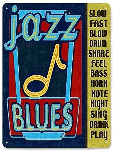 Vintage Metallschild Jazz Blues Schild Musiknote Bass Nachtclub Retro Poster Plakette Blechschild Wanddekoration für Küche Bar Pub Bauernhaus 20,3 x 30,5 cm