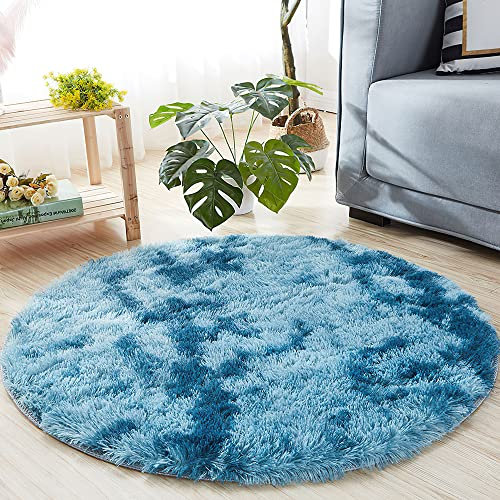 MARATIP Plüsch Teppich Rund,Flauschiger Teppich Rund, modernes Wohnzimmer, Kinder Mädchen,weicher und Flauschiger Teppich für das Schlafzimmer/Wohnzimmer/Kinderzimmer(Pfauenblau,Ø 150 cm Runde)
