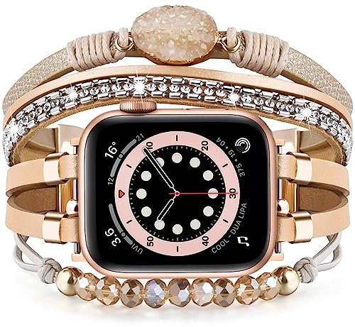 VISOOM Beaded Boho Leather Strap Compatible for Apple Watch Bands 44mm/45mm/49mm/46mm/42mm(Series 3/2/1) Women Elegant Cute Multilayer Wrap for iWatch 10/9/8/7/SE/6/5/4 Replacement,Kahki