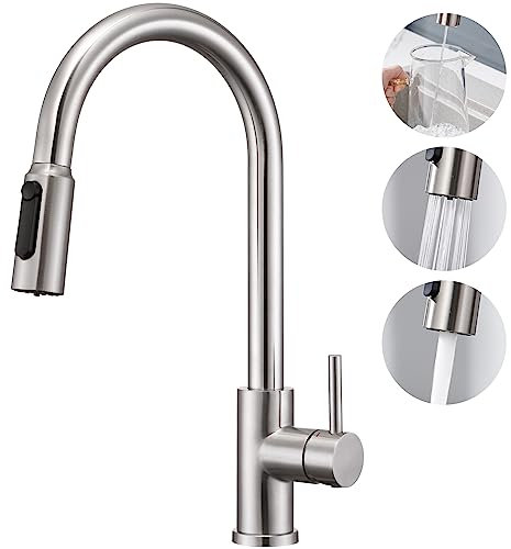 CREA 3 Way Water Filter Tap with Pull Out Sprayer, 360° Swivel Single Handle Triflow Kitchen Tap, Stainless Steel