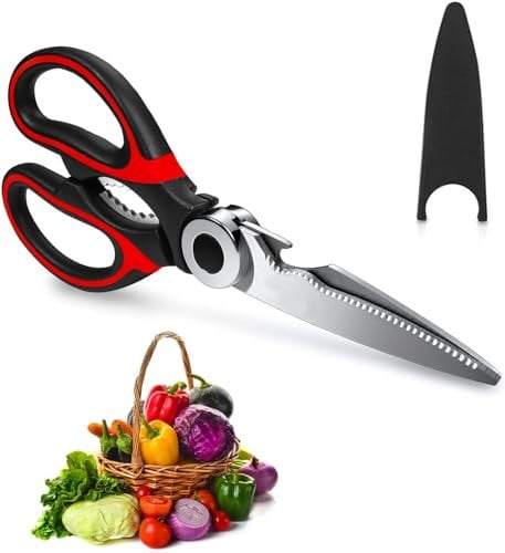 ABERTO 1 PCS of Kitchen Scissors Heavy Duty Stainless Steel Kitchen Scissors with Safety Cover- Meat Scissors - Pizza Scissors - Multi Purpose Shears for Chicken UK Dish Washer Safe (Orange-Black)