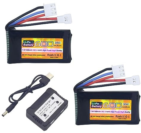 ZYGY 2PCS 7.4V 600mAh 35C 2S Batterie Lipo Molex Plug avec 2 IN1 Chargeur pour FMS FCX24 RC Car, Camion, Véhicule d'escalade électrique Batterie FCX24